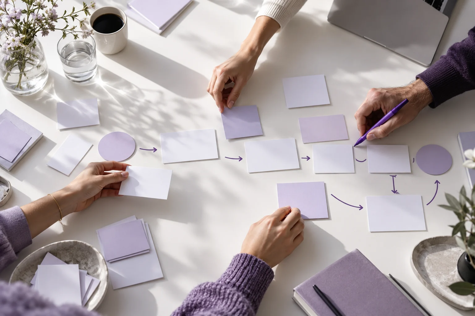 Paper cards arranged into a project workflow; AI-generated editorial image