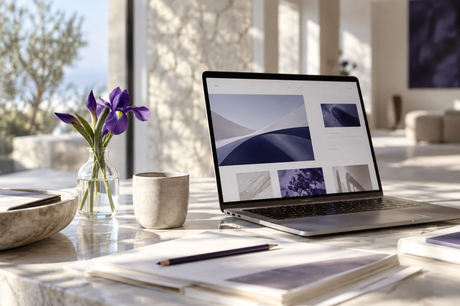 Sunlit desk with a laptop and purple iris; AI-generated editorial image
